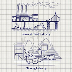 勾勒出工厂的工业景观。勾勒出工厂的工业景观。冶金和矿业生产向量