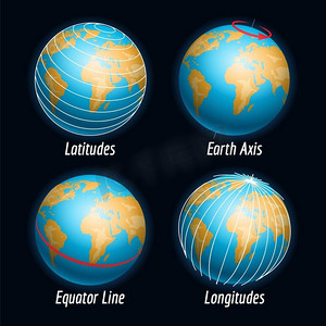 矢量，摄影照片_地球图标带有纬度、经度、线条。包含纬度、经度、地轴和赤道线的地球矢量