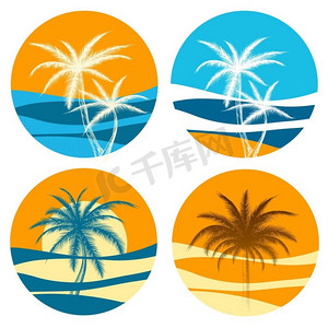 棕榈树天堂标志套装。棕榈树天堂标志向量集。五颜六色的日出和棕榈树图标