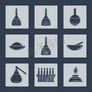 科学实验室设备图标设置。科学实验室设备图标设置矢量插图