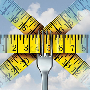 叉量尺营养和饮食生活方式的概念比喻卡路里监测和人体健康图标与3D插图元素。