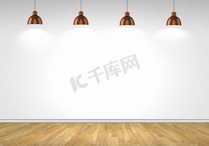 房间台灯摄影照片_空白墙。空荡荡的房间，墙壁空白，天花板上有灯