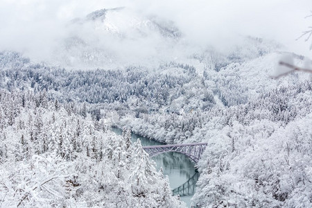 冬季景观白雪覆盖着树上的河流和桥梁