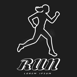 奔跑女海报。黑白海报和奔跑的女人。运动动机向量插图