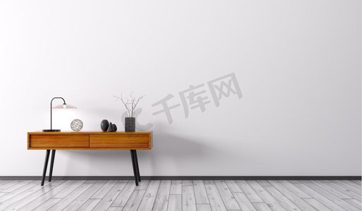 客厅内部背景与木边桌在白色墙壁3d回报