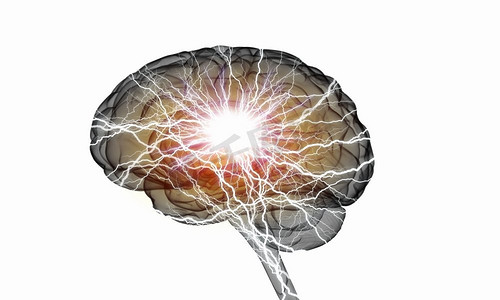 人类的大脑冲动闪亮的大脑之间的雷电在白色背景