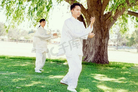 有灵魂摄影照片_人们在公园里练太极拳。夏天人们在公园里练太极拳