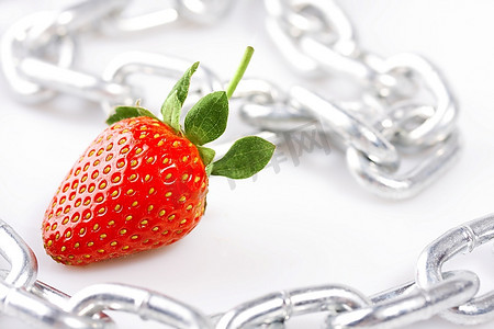 白色背景上的草莓躺在一串链条中