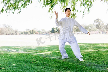 练太极拳的帅哥。夏天在公园练太极拳的帅哥