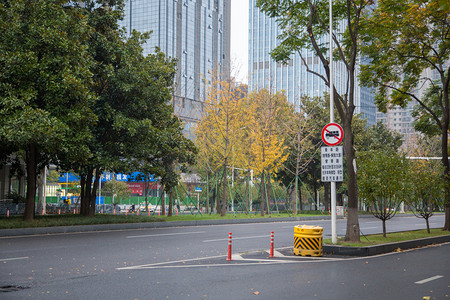 绿化带锥桶指示牌街景风景