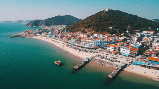 沙滩旅行摄影照片_威海海边旅行度假海滩海景房摄影图