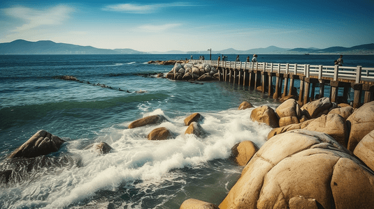 威海海边旅行度假海滩岩石栈道摄影图