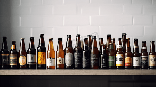 啤酒摄影照片_啤酒排列摆放橱柜玻璃瓶静物摄影图