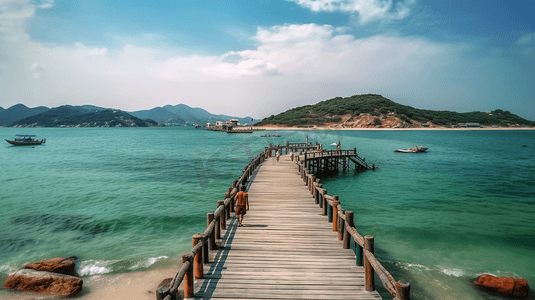 沙滩夏日旅游摄影照片_威海海边旅行度假海滩海景房栈道摄影图