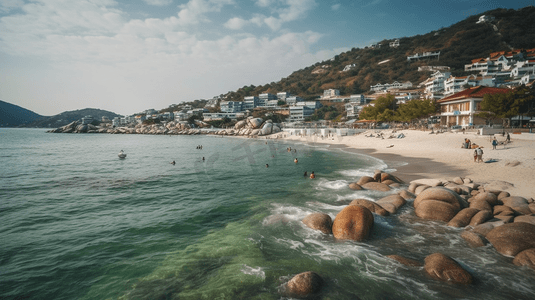 威海海边旅行度假海滩海景房岩石摄影图