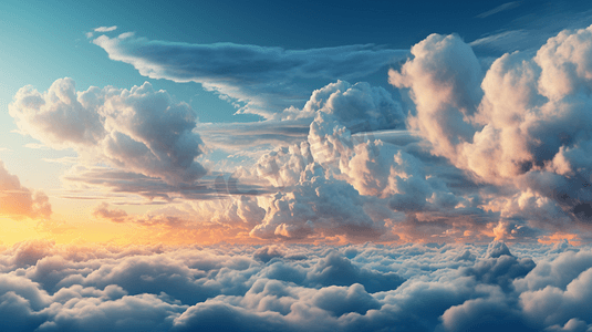 云朵手绘漫画摄影照片_蓝天白云中的夕阳