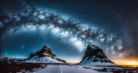 雪山星空摄影照片_绚丽银河下的极地雪山