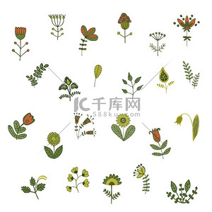 绿色装饰手绘叶子背景图片_一套手绘花和叶子