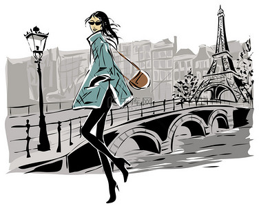 白人模特背景图片_时装模特在素描风格秋冬巴黎市背景