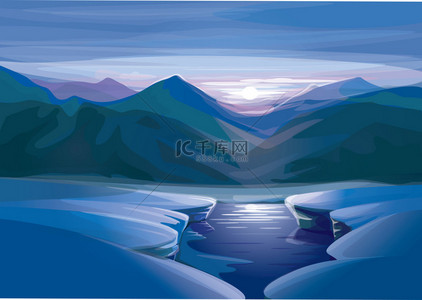 冬季背景图片_冬季日落风景，与倒映在湖中的矢量