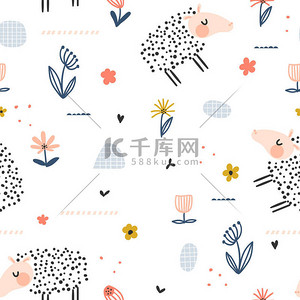 滑稽的背景图片_与滑稽的绵羊, 花卉和装饰元素无缝模式。儿童矢量插图.