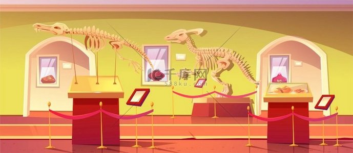 历史博物馆，内有恐龙骨架、琥珀中的古代昆虫、陶罐和恐龙化石。