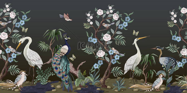 媒背景图片_与苍鹭、孔雀和牡丹的中国风格的边境。B.病媒.