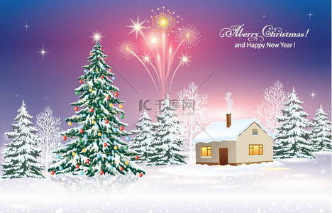 Happy New Year 2022. Holiday Christmas tree on a winter snowy landscape with fireworks. Vector illustration