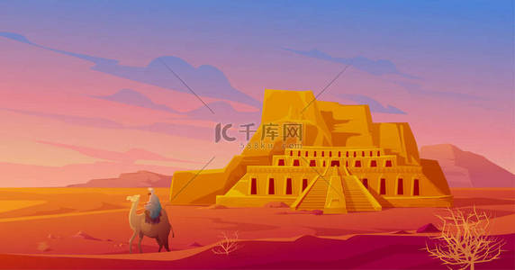 埃及沙漠，有Hatshepsut神庙和骆驼