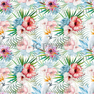 热带鹦鹉背景图片_鹦鹉和鲜花的水彩图案