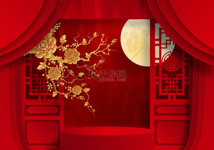 2021剪纸背景图片_中秋节、中秋节、红剪纸、花卉及亚洲元素，背景为工艺风格.