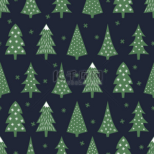简单无缝复古圣诞模式-不同圣诞节树、 星星和雪花。快乐的新年背景。寒假的深蓝色背景上的矢量设计.