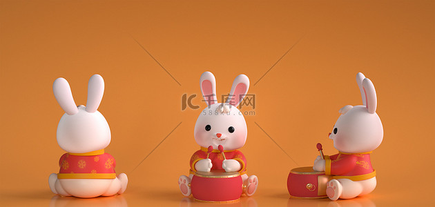 害羞的小兔子背景图片_春节打鼓兔子3D角色IP