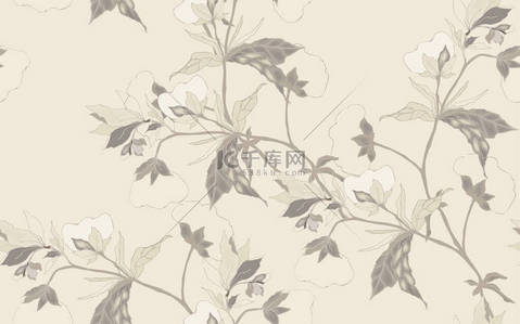 花的装饰矢量背景图片_色彩艳丽的棉花装饰在灰色的背景上.无缝花花纹。以植物学为主题的手绘矢量图解.