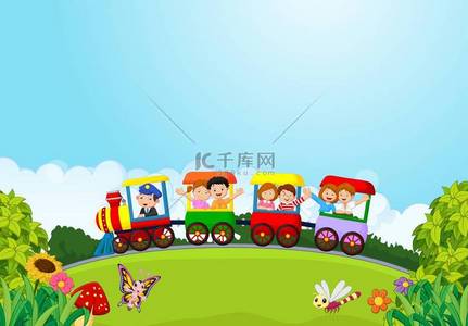 快乐的孩子们背景图片_在五彩斑斓的火车上，卡通快乐的孩子们