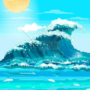 Pixel海浪。夏天像素艺术。8位。平面样式的矢量图解