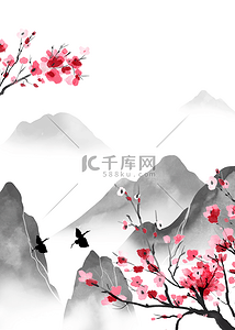 中国背景红色背景图片_山峰云海红梅山水水墨背景