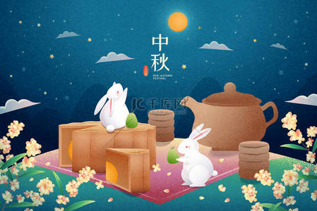 8月15日，中秋节，可爱的兔子带着桂花在月光下野餐