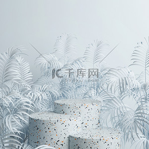 棕榈背景背景图片_带棕榈背景的蓝色几何大理石基座，3D渲染，3D插图
