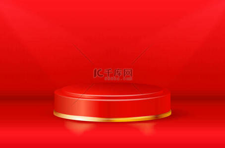 red背景图片_Empty red-gold glowing round podium on red background - vector illustration