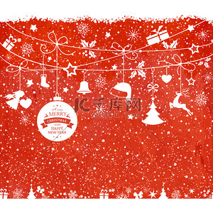 b红色背景图片_圣诞贺卡与挂上红色的纹理背景饰品