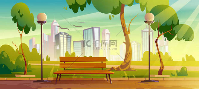 有木制长椅和绿树的城市公园