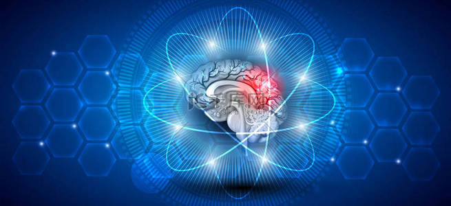 人脑治疗概念。抽象蓝色科学背景与透明细胞