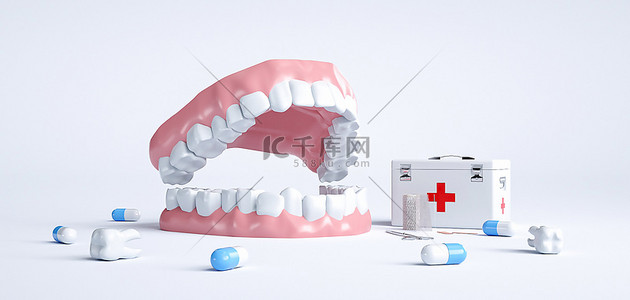 口腔牙科团购背景图片_口腔医疗牙齿白色c4d