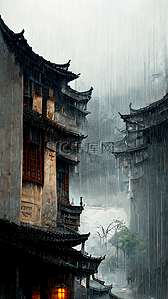雨中古镇中国风建筑