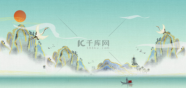清明节国潮山水绿色中国风清明海报背景