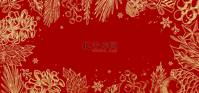 红色背景插画背景图片_雪花冬季植物线条红色背景