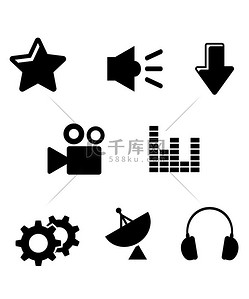 多媒体图标设置有卫星、声音、电影、齿轮、音频、星形和下载元素