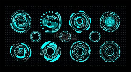 圆圈未来主义的数字圆形元素虚拟休闲游戏界面模板现代雷达或取景器的孤立霓虹灯标志抽象几何照明框架向量平面集圆圈未来主义的数字圆形元素病毒