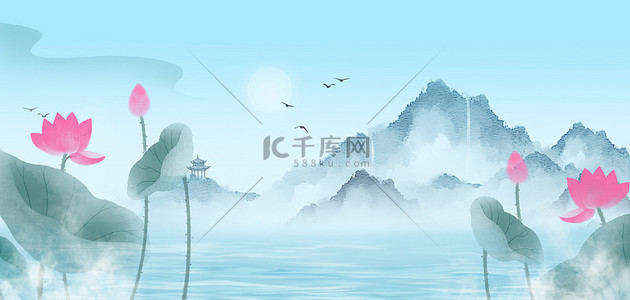 夏季水墨荷花蓝色中国风海报背景